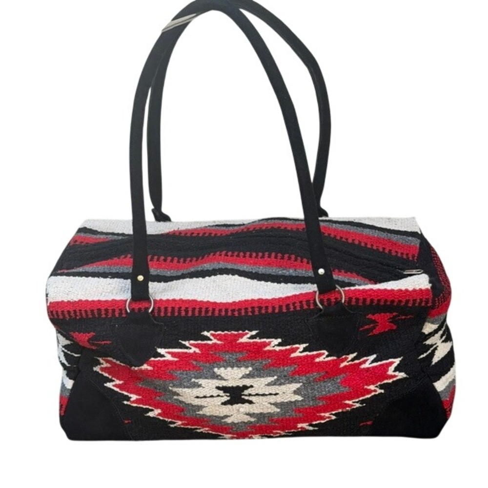 Southwestern Woven Wool Duffle Bag Red Black Geometric Kilim Weekender Travel